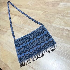 Elegant Blue and Black Patterned Crossbody Aztec Beaded Purse